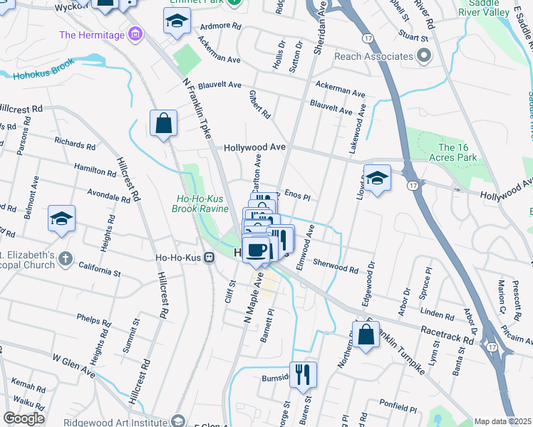 map of restaurants, bars, coffee shops, grocery stores, and more near 16 Carlton Avenue in Ho-Ho-Kus
