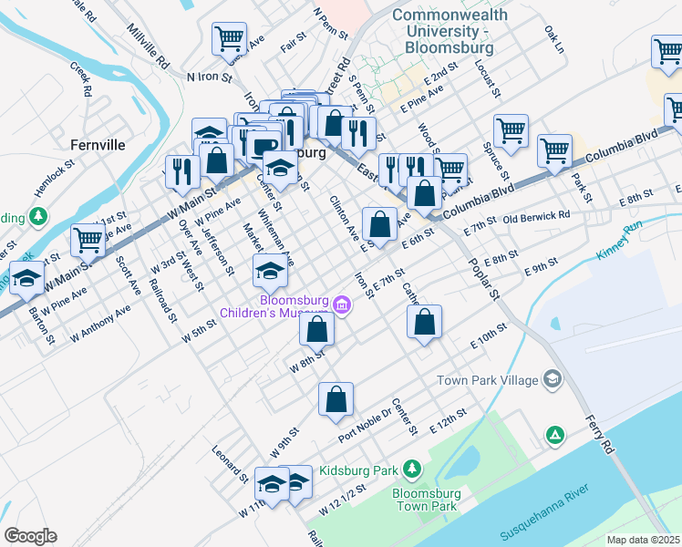 map of restaurants, bars, coffee shops, grocery stores, and more near 63 East 6th Street in Bloomsburg