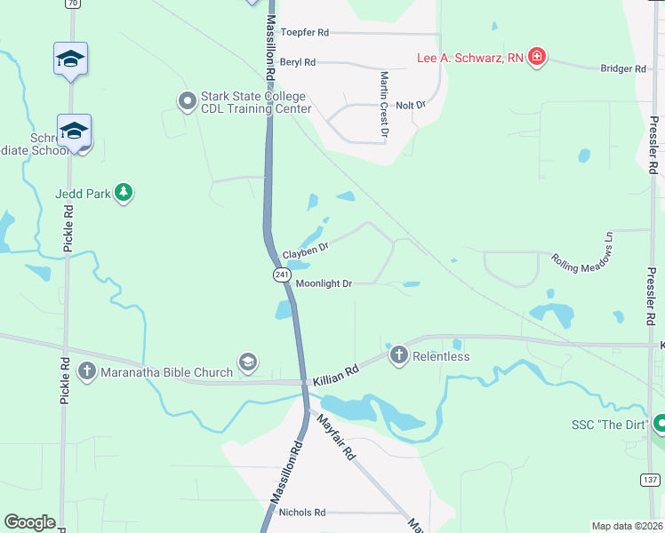 map of restaurants, bars, coffee shops, grocery stores, and more near 1743 Moonlight Drive in Akron