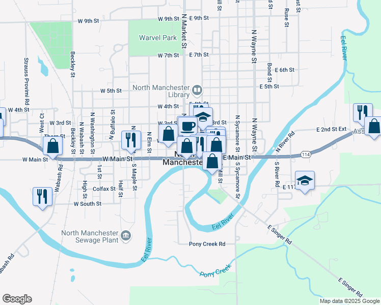 map of restaurants, bars, coffee shops, grocery stores, and more near 109 North Market Street in North Manchester
