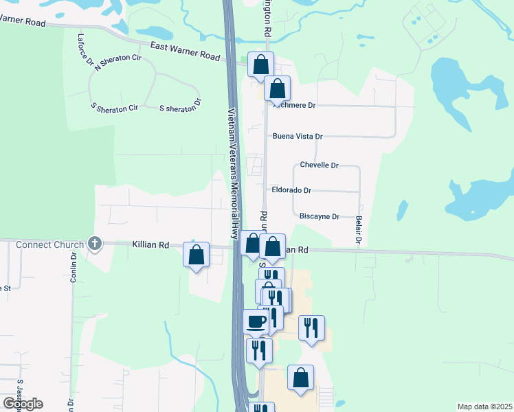map of restaurants, bars, coffee shops, grocery stores, and more near 2650 South Arlington Road in Akron