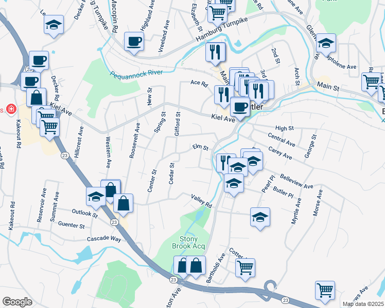 map of restaurants, bars, coffee shops, grocery stores, and more near 19 Elm St in Butler