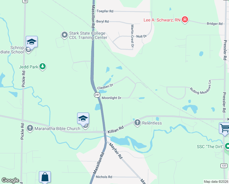 map of restaurants, bars, coffee shops, grocery stores, and more near 1743 Moonlight Drive in Akron