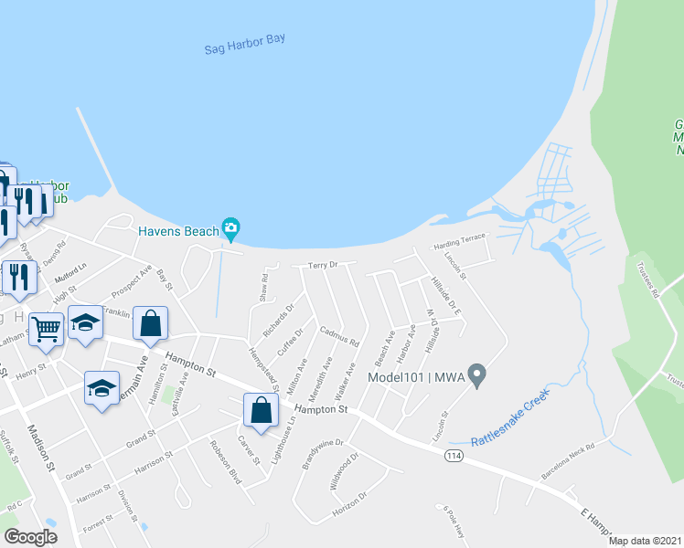 map of restaurants, bars, coffee shops, grocery stores, and more near 54 Walker Avenue in Sag Harbor