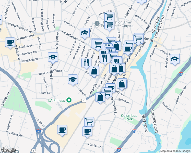 map of restaurants, bars, coffee shops, grocery stores, and more near 155 William Street in Rye Brook