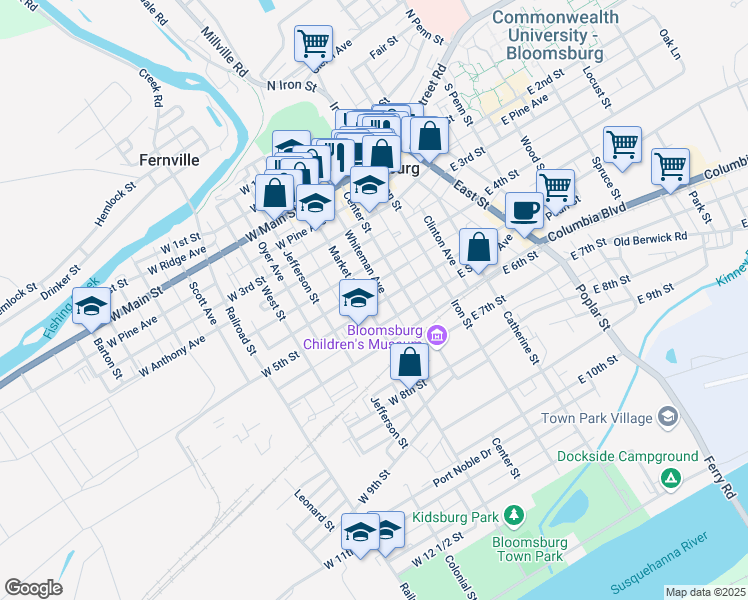 map of restaurants, bars, coffee shops, grocery stores, and more near 455 Market Street in Bloomsburg