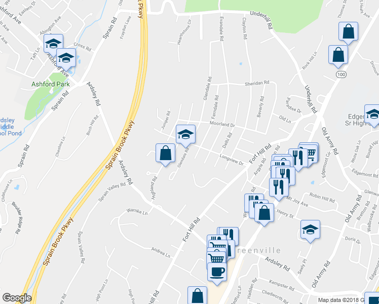 map of restaurants, bars, coffee shops, grocery stores, and more near 125 Glendale Road in Scarsdale