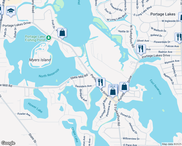 map of restaurants, bars, coffee shops, grocery stores, and more near 663 Portage Lakes Drive in Akron