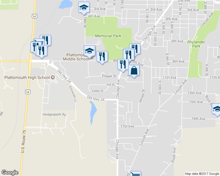 map of restaurants, bars, coffee shops, grocery stores, and more near 1515 Valley Street in Plattsmouth