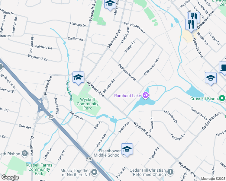map of restaurants, bars, coffee shops, grocery stores, and more near 383 Sunset Boulevard in Wyckoff
