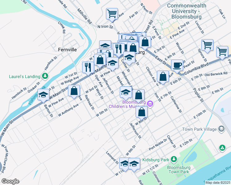 map of restaurants, bars, coffee shops, grocery stores, and more near 152 West 4th Street in Bloomsburg
