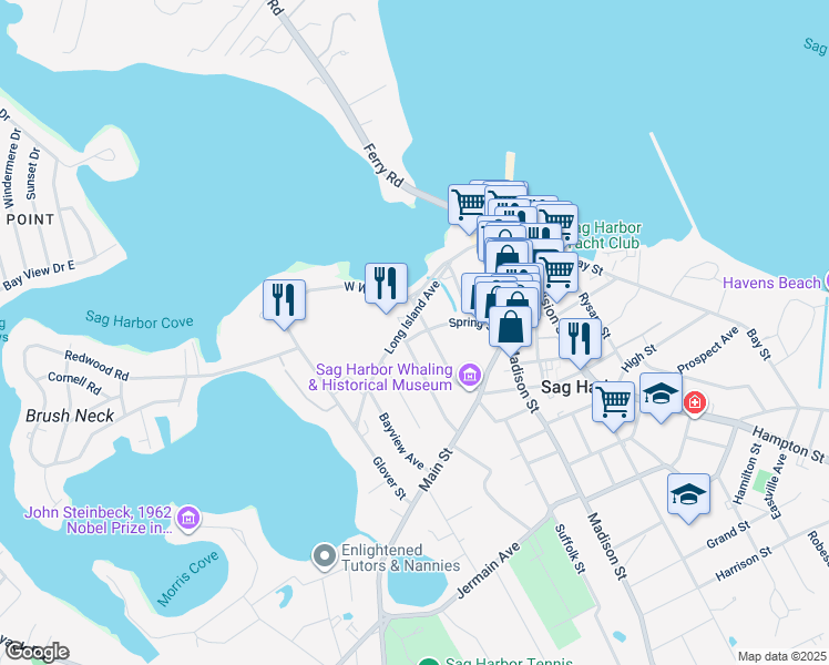 map of restaurants, bars, coffee shops, grocery stores, and more near 46 Spring Street in Sag Harbor