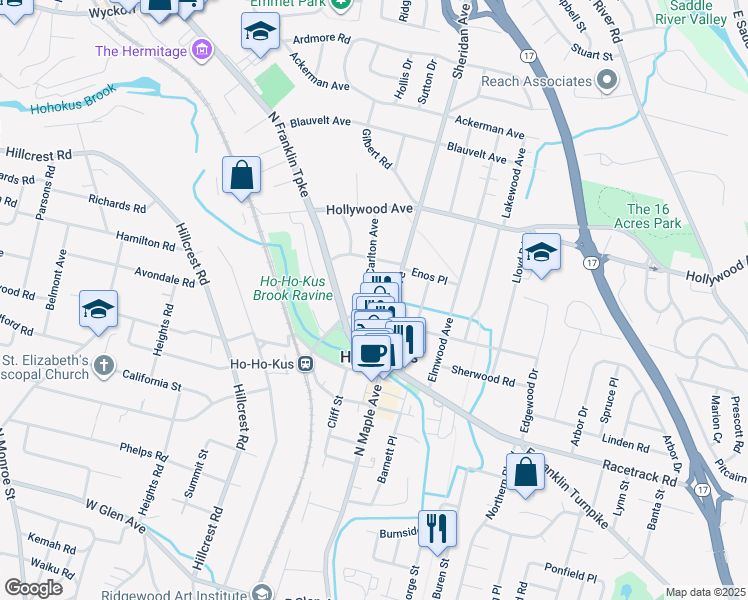 map of restaurants, bars, coffee shops, grocery stores, and more near 16 Carlton Avenue in Ho-Ho-Kus
