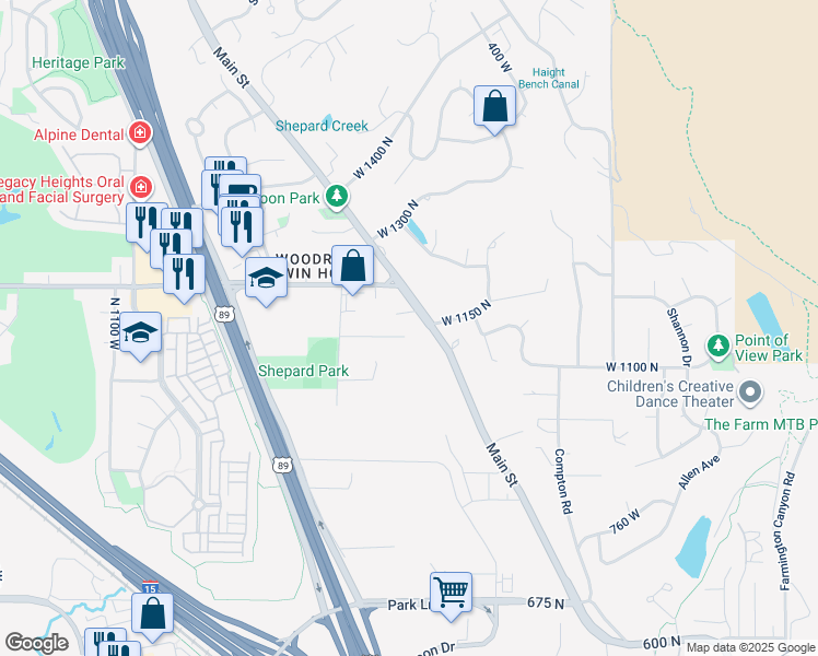 map of restaurants, bars, coffee shops, grocery stores, and more near 588 West 1175 North in Farmington