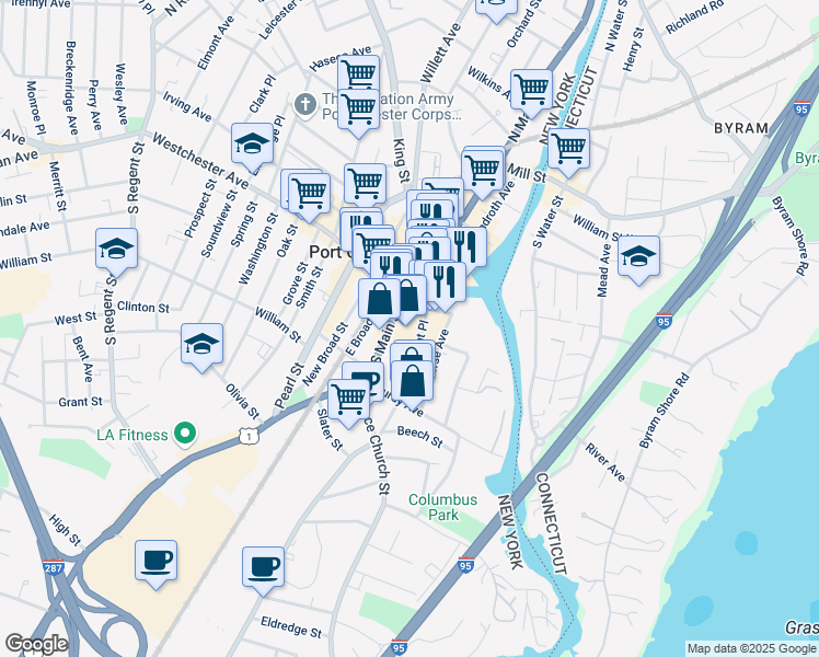 map of restaurants, bars, coffee shops, grocery stores, and more near 24 Waterfront Place in Port Chester