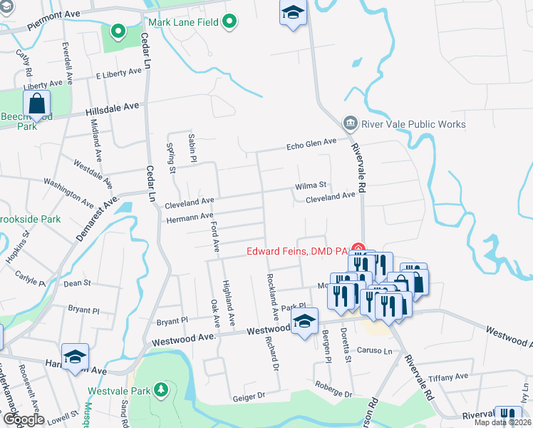 map of restaurants, bars, coffee shops, grocery stores, and more near 272 Rockland Avenue in River Vale