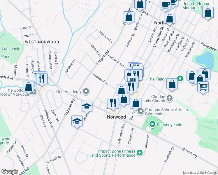 map of restaurants, bars, coffee shops, grocery stores, and more near 234 Hudson Avenue in Norwood