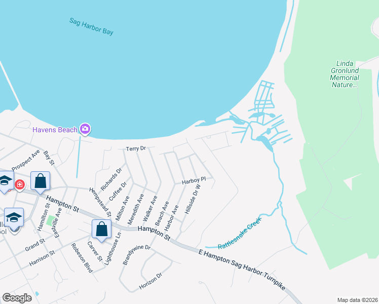 map of restaurants, bars, coffee shops, grocery stores, and more near 9 Gull Rock Road in Sag Harbor