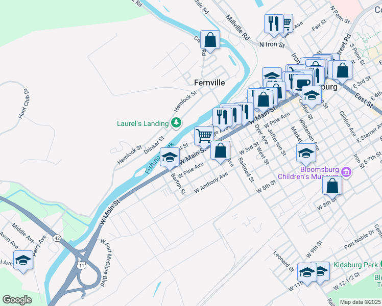 map of restaurants, bars, coffee shops, grocery stores, and more near 529 West Main Street in Bloomsburg