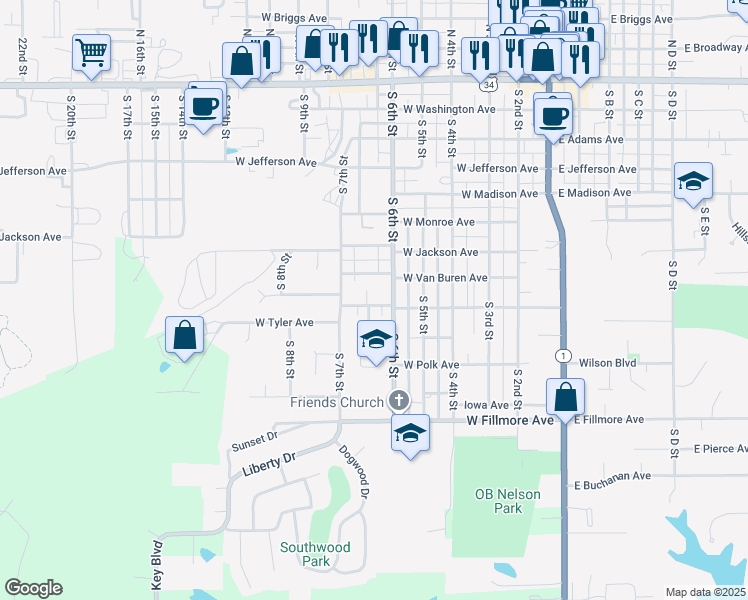 map of restaurants, bars, coffee shops, grocery stores, and more near 601-651 West Harrison Avenue in Fairfield