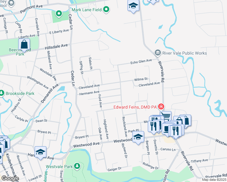 map of restaurants, bars, coffee shops, grocery stores, and more near 563 Hermann Avenue in River Vale