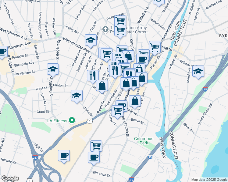 map of restaurants, bars, coffee shops, grocery stores, and more near 6 New Broad Street in Port Chester