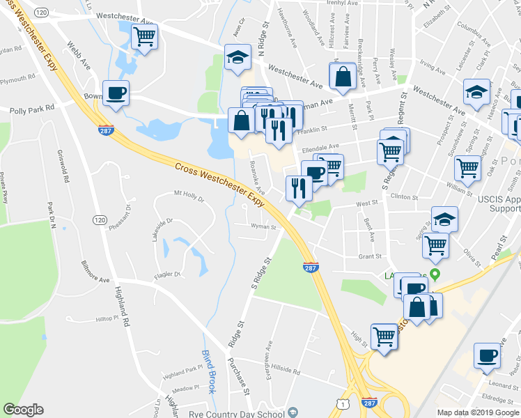 map of restaurants, bars, coffee shops, grocery stores, and more near 9 Roanoke Avenue in Port Chester