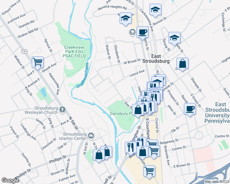 map of restaurants, bars, coffee shops, grocery stores, and more near 121 Day Street in East Stroudsburg