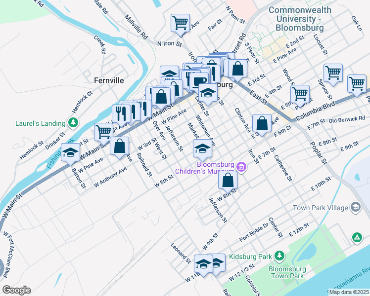 map of restaurants, bars, coffee shops, grocery stores, and more near 152 West 4th Street in Bloomsburg