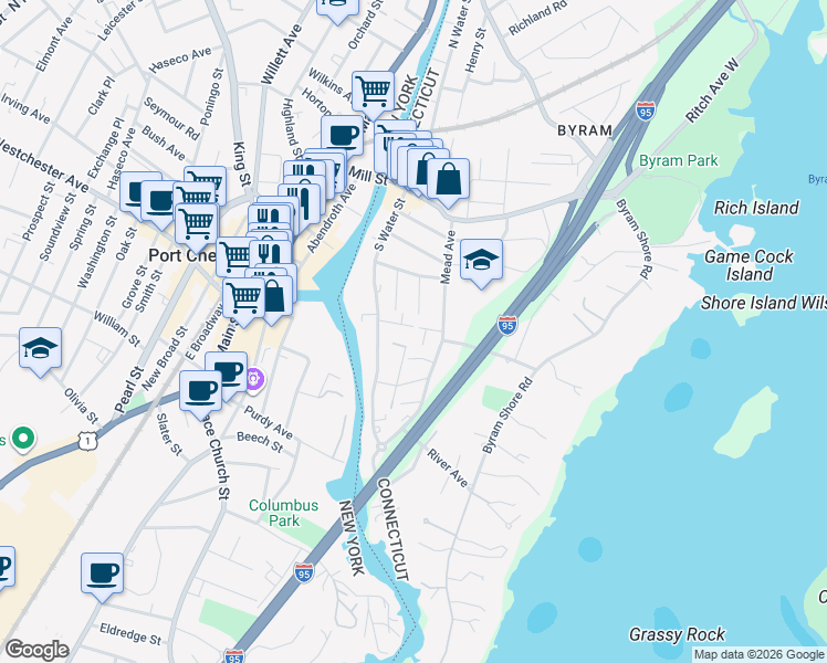 map of restaurants, bars, coffee shops, grocery stores, and more near 19 Berrian Place in Greenwich
