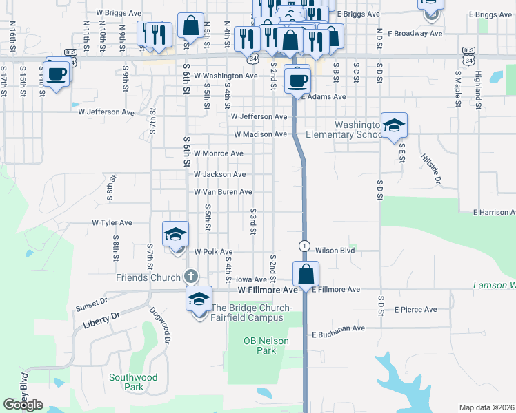 map of restaurants, bars, coffee shops, grocery stores, and more near 800-898 S 3rd St in Fairfield