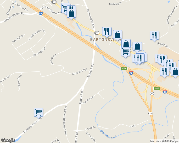 map of restaurants, bars, coffee shops, grocery stores, and more near 1102 Kroucher Rd in Stroudsburg