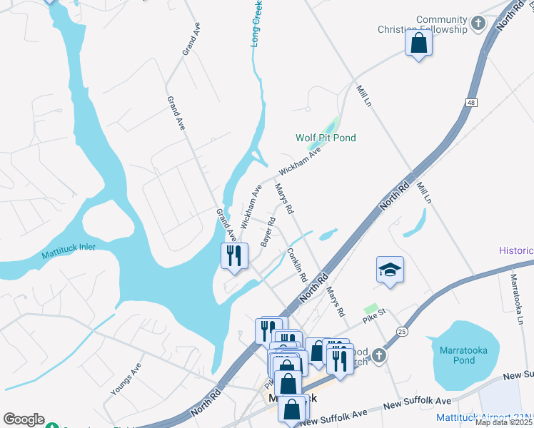 map of restaurants, bars, coffee shops, grocery stores, and more near 855 Bayer Road in Mattituck