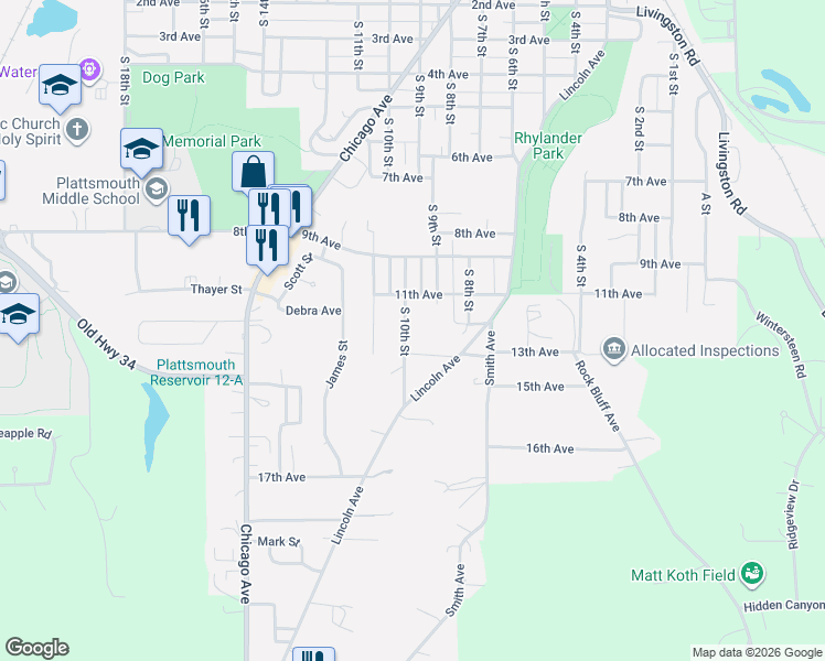 map of restaurants, bars, coffee shops, grocery stores, and more near 1201 South 10th Street in Plattsmouth