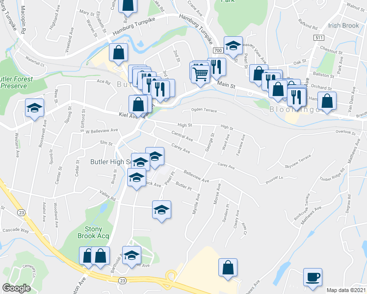 map of restaurants, bars, coffee shops, grocery stores, and more near 46 Carey Avenue in Butler