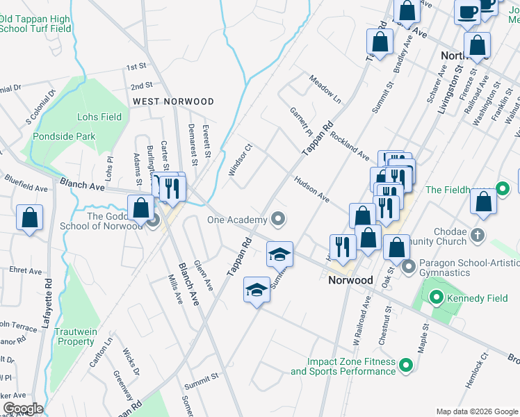 map of restaurants, bars, coffee shops, grocery stores, and more near 275 Tappan Road in Norwood