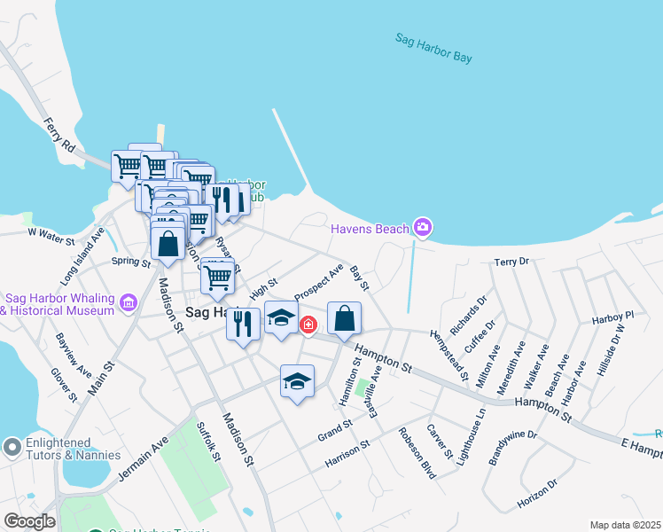 map of restaurants, bars, coffee shops, grocery stores, and more near 8 Prospect Avenue in Sag Harbor