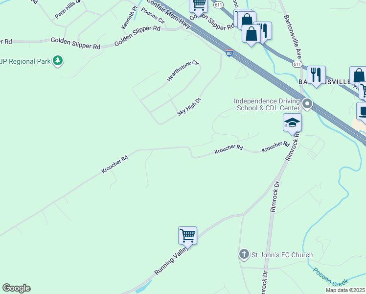 map of restaurants, bars, coffee shops, grocery stores, and more near 1221 Kroucher Road in Stroudsburg
