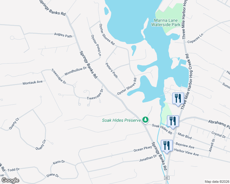 map of restaurants, bars, coffee shops, grocery stores, and more near 76 Springy Banks Road in East Hampton