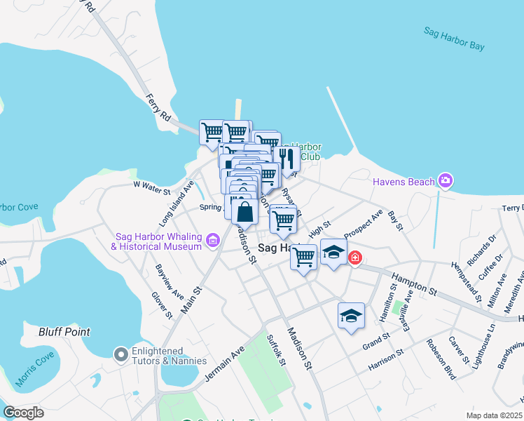 map of restaurants, bars, coffee shops, grocery stores, and more near 15 Church Street in Sag Harbor