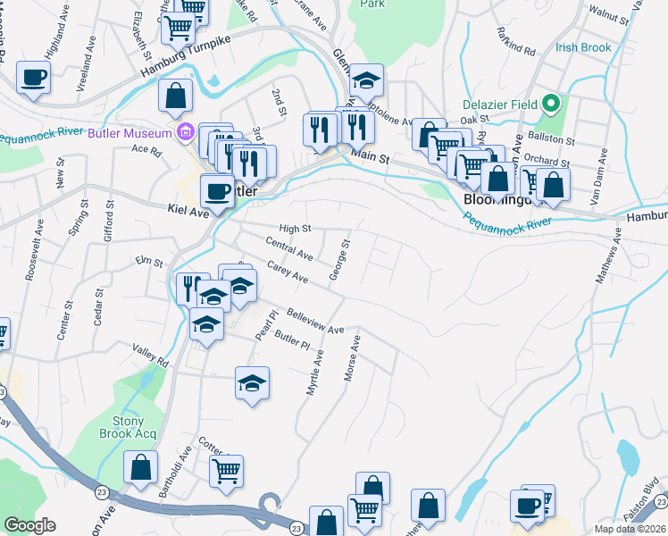map of restaurants, bars, coffee shops, grocery stores, and more near 47 Central Avenue in Butler