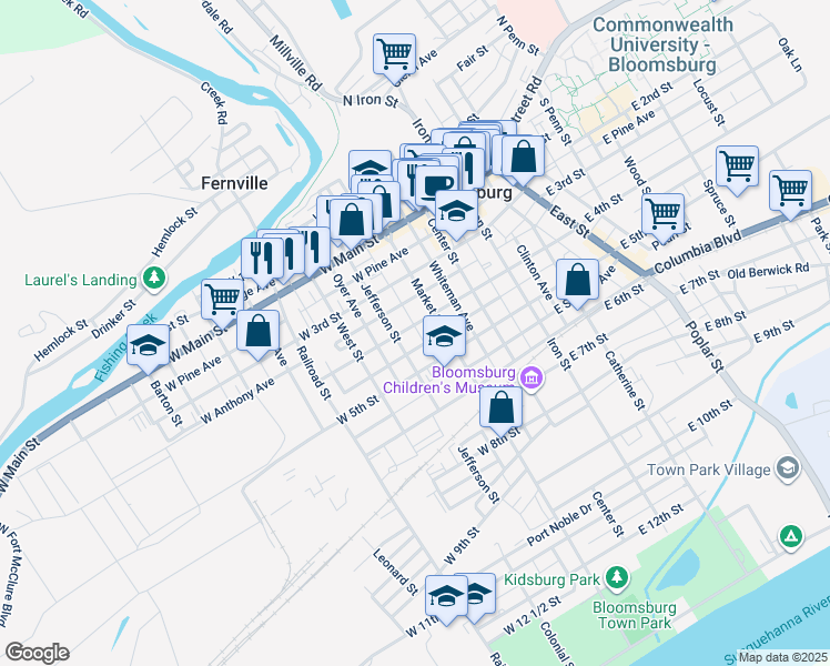 map of restaurants, bars, coffee shops, grocery stores, and more near 136 West 4th Street in Bloomsburg