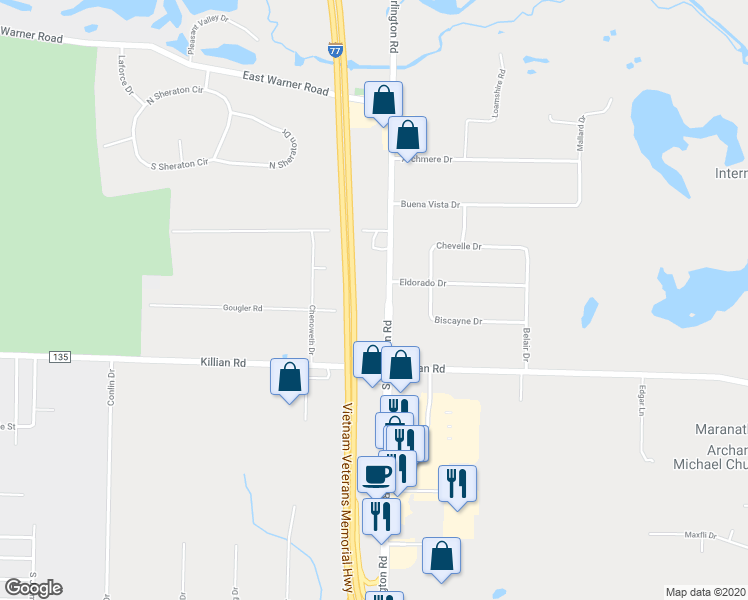 map of restaurants, bars, coffee shops, grocery stores, and more near 2650 South Arlington Road in Akron