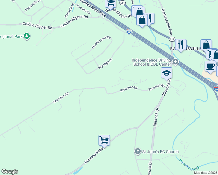 map of restaurants, bars, coffee shops, grocery stores, and more near 1218 T475 in Stroudsburg