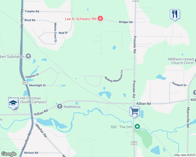 map of restaurants, bars, coffee shops, grocery stores, and more near 2020 Rolling Meadows Lane in Akron