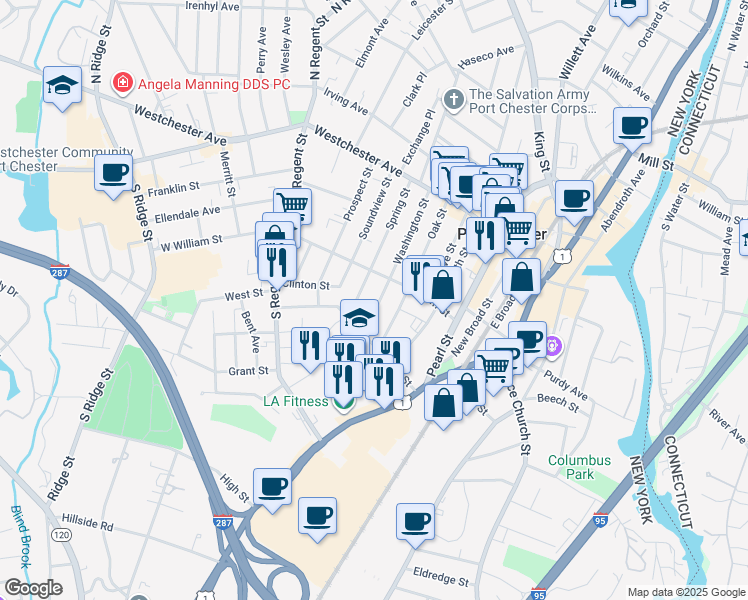 map of restaurants, bars, coffee shops, grocery stores, and more near 118 Washington Street in Port Chester