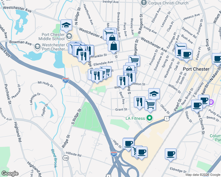 map of restaurants, bars, coffee shops, grocery stores, and more near West Street in Port Chester