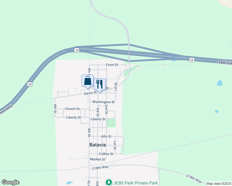 map of restaurants, bars, coffee shops, grocery stores, and more near 1201 1st Street in Batavia