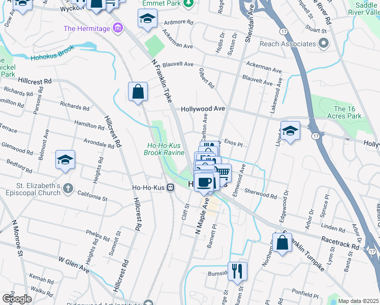 map of restaurants, bars, coffee shops, grocery stores, and more near 76 Franklin Turnpike in Ho-Ho-Kus