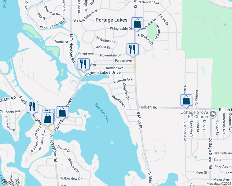 map of restaurants, bars, coffee shops, grocery stores, and more near 79 Organ Avenue in Akron
